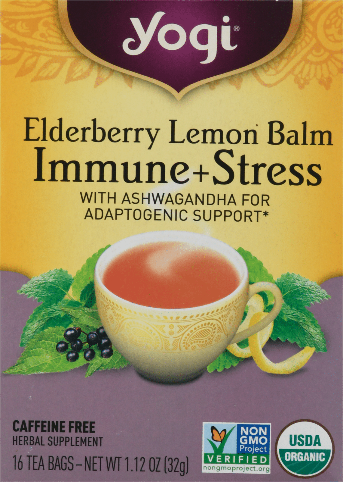 Yogi Elderberry Lemon Balm Immune + Stress Herbal Supplement 16 Tea Bags