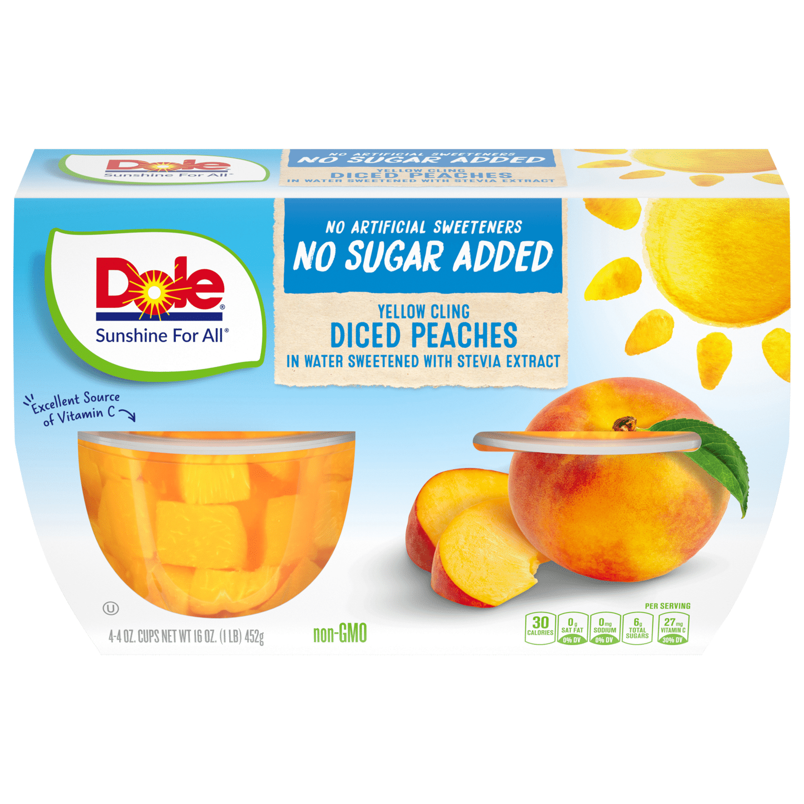 Dole No Sugar Added Yellow Cling Diced Peaches in Water Sweetened with Stevia & Monk Fruit Extracts