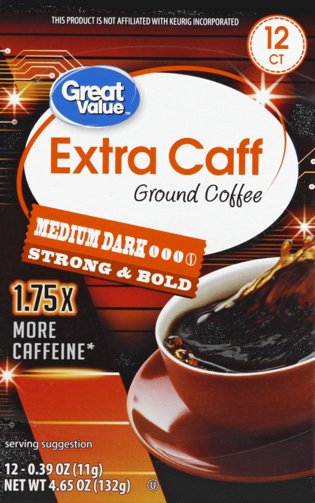 Great Value Extra Caff Ground Coffee Pods 12 Each