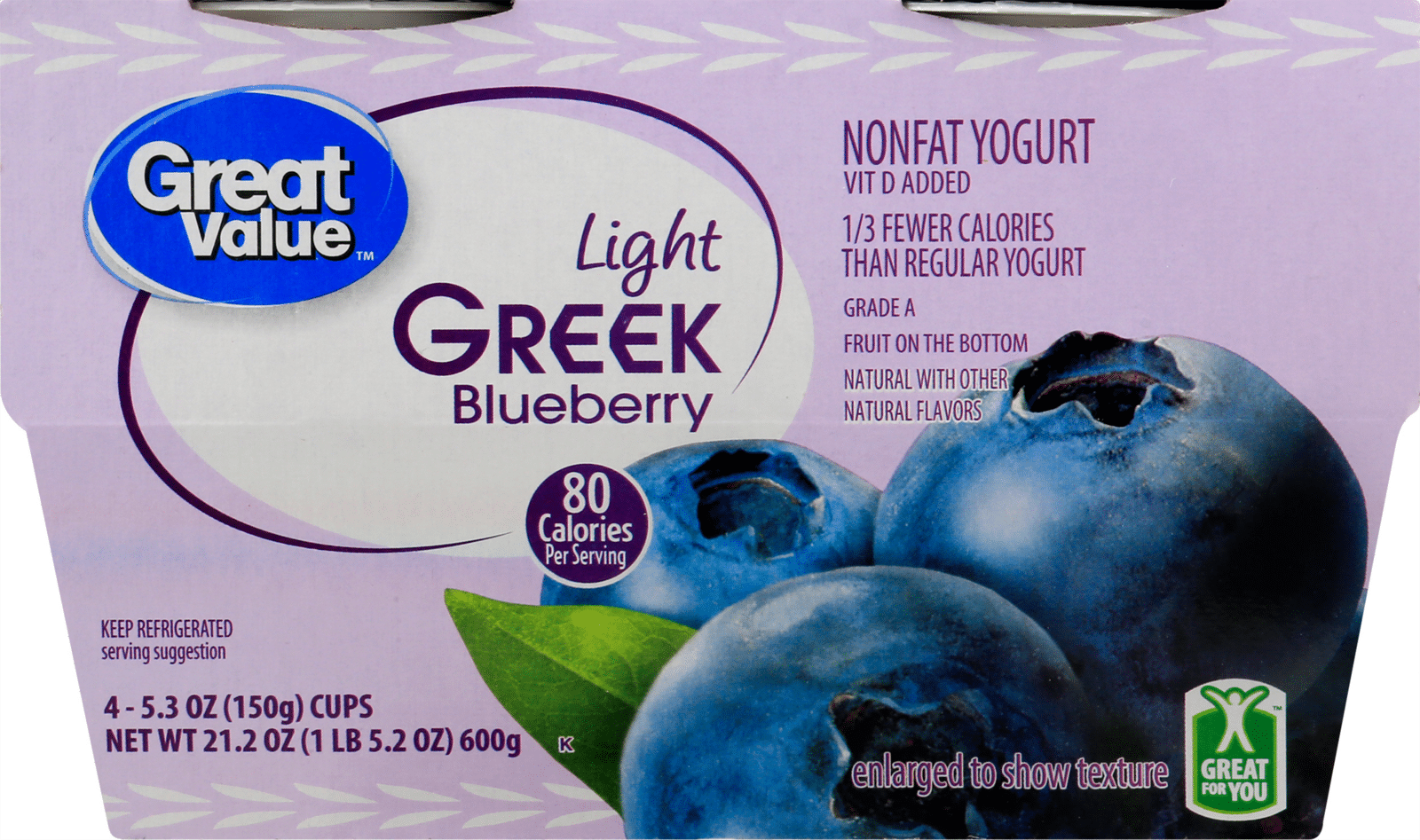 Great Value Light Nonfat Greek Blueberry Yogurt 4 Each