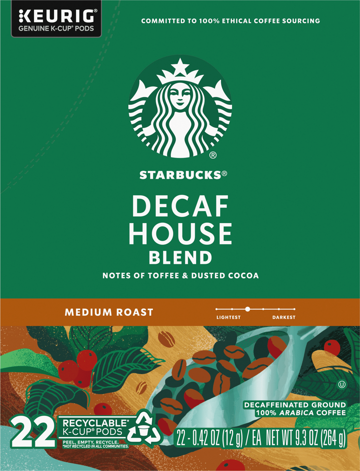Starbucks Decaffeinated K-Cup Pods Medium Roast Ground Decaf House Blend Coffee 22 Pods